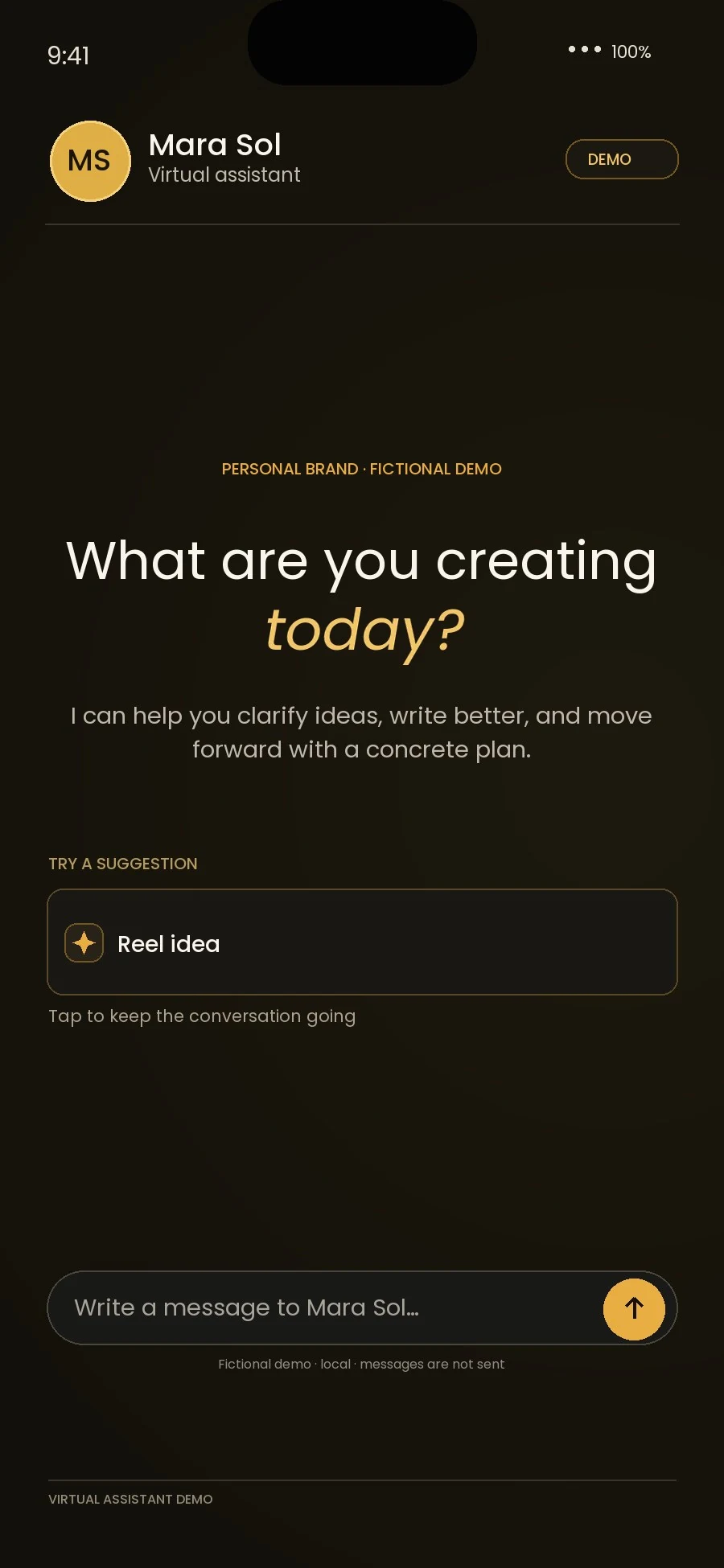 Fictional creator assistant demo screen